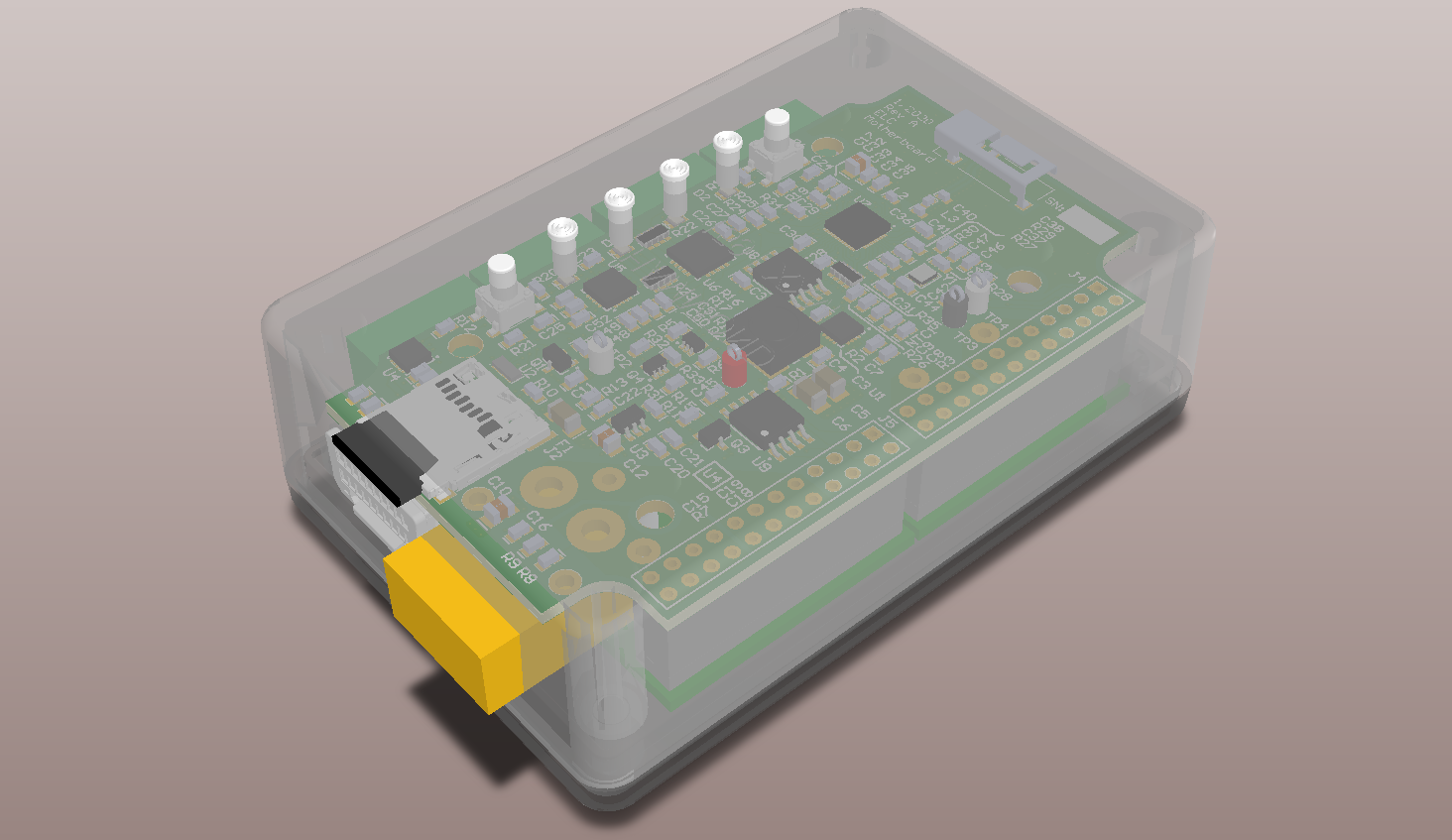 A rendering with multiple printed circuit boards inside a plastic enclosure